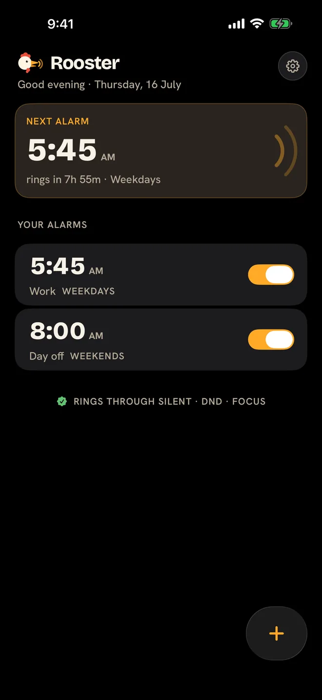 Rooster home screen: the next alarm armed for 5:45 AM, two scheduled alarms, and the badge rings through Silent, DND, Focus